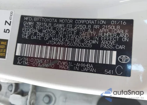 2016 Toyota Prius Three Touring z USA, uszkodzony, nr VIN JTDKARFU5G3503035